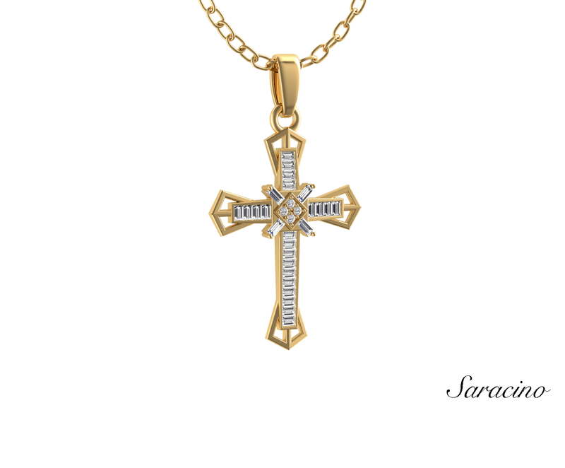 Baguette Diamond Cross Pendant w Star Center 14K Yellow Gold