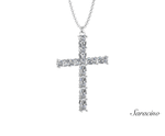 Burst Cross Necklace with Round and Baguette Diamonds White Gold