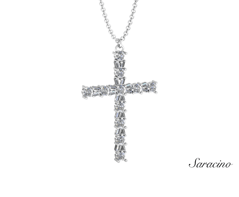 Burst Cross Necklace with Round and Baguette Diamonds White Gold
