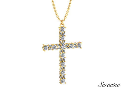 Burst Cross Necklace with Round and Baguette Diamonds Yellow Gold