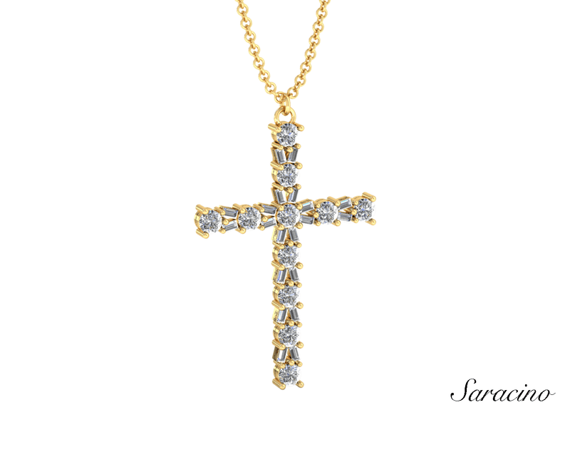 Burst Cross Necklace with Round and Baguette Diamonds Yellow Gold