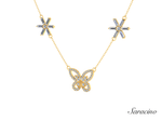 Butterfly Diamond Necklace w Baguette Star Bursts Yellow Gold