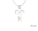 Butterfly + Flower Cross Pendant 14K White Gold