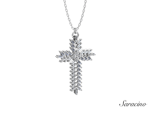 Chandelier Baguette Diamond Cross Necklace w Round Diamonds White Gold