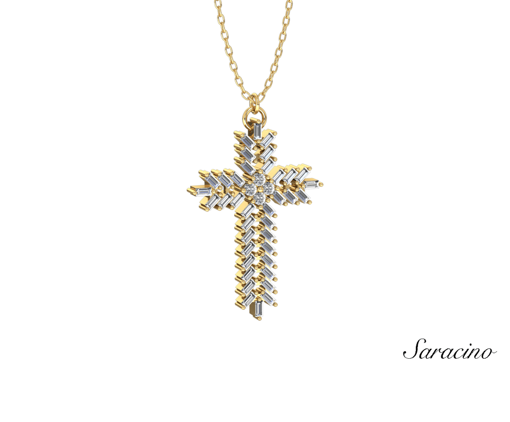 Chandelier Baguette Diamond Cross Necklace w Round Diamonds Yellow Gold