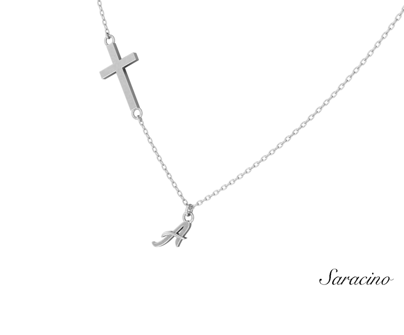 Cross Necklace w Initial Pendant in White Gold