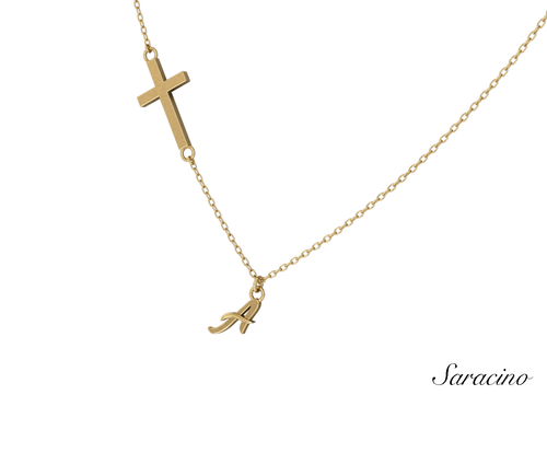 Cross Necklace w Initial Pendant in Yellow Gold