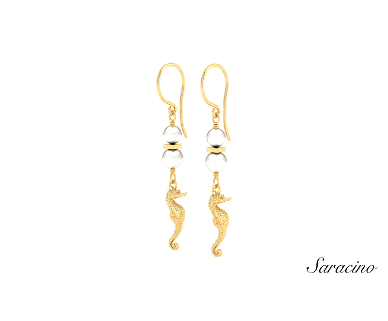 Gold Seahorse Dangle Earrings w Pearls Yellow Gold