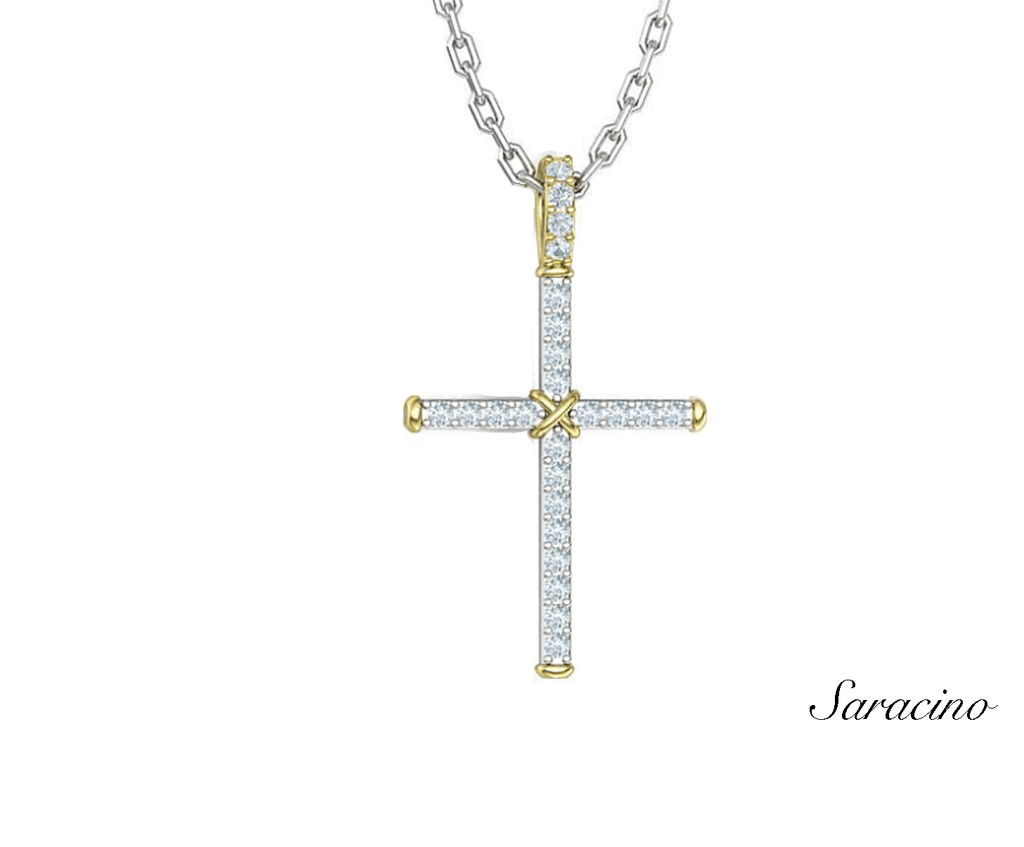 Diamond Cross Pendant w Center Tie in 14K White & Yellow Gold