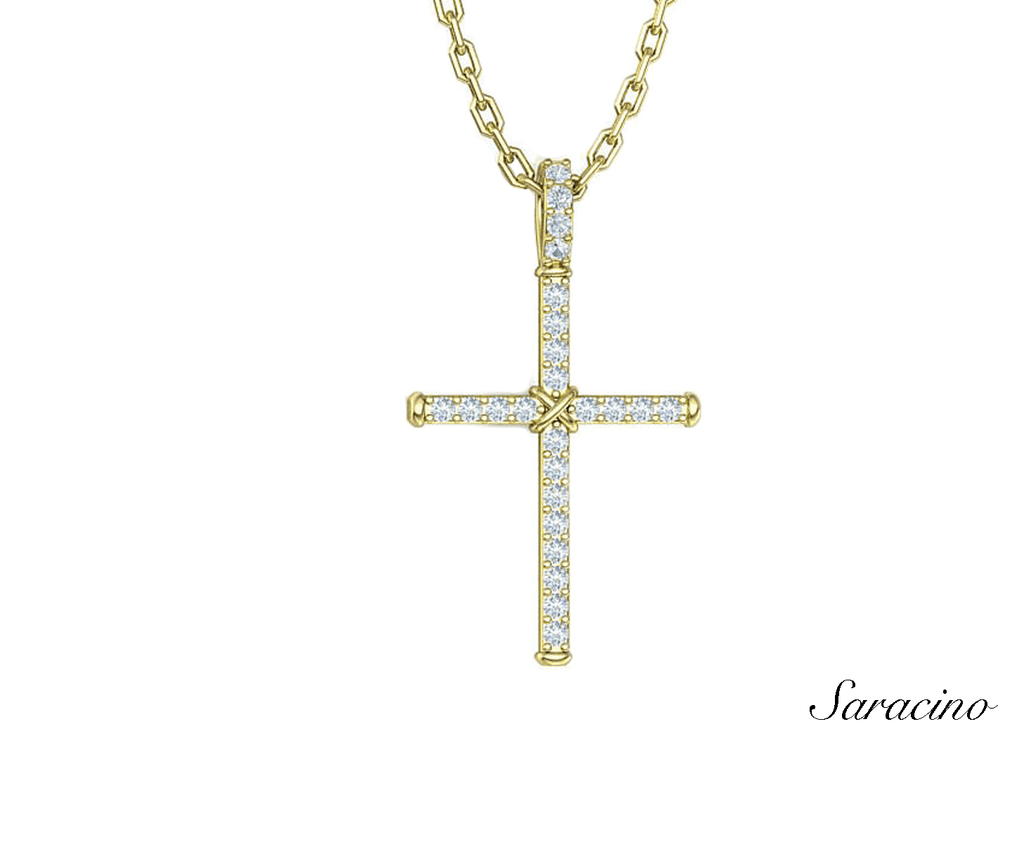 Diamond Cross Pendant w Center Tie in 14K Yellow Gold