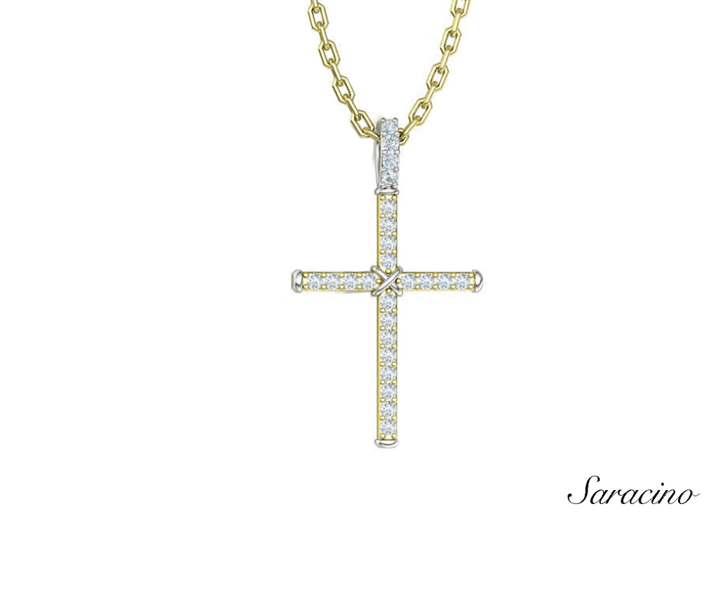 Diamond Cross Pendant w Center Tie in 14K Yellow & White Gold