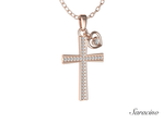 Diamond Cross Pendant w Diamond Heart Charm 14K Rose Gold