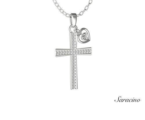 Diamond Cross Pendant w Diamond Heart Charm 14K White Gold