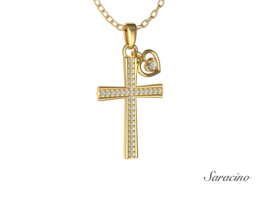 Diamond Cross Pendant w Diamond Heart Charm 14K Yellow Gold