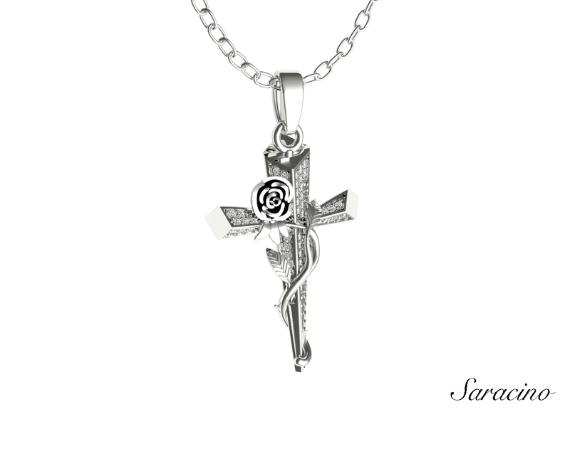 Edged Diamond Cross Pendant w Rose Flower