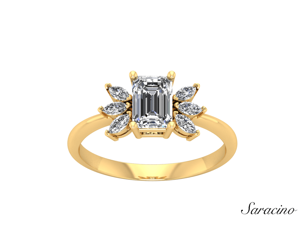 1.2ct Emerald Cut Diamond Engagement Ring w Marquise Sides Yellow Gold