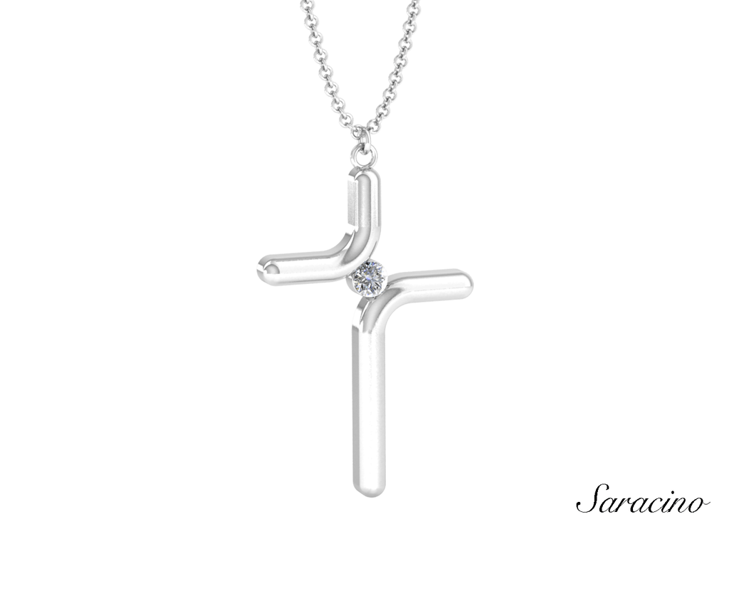 Floating Diamond Cross Necklace in White Gold