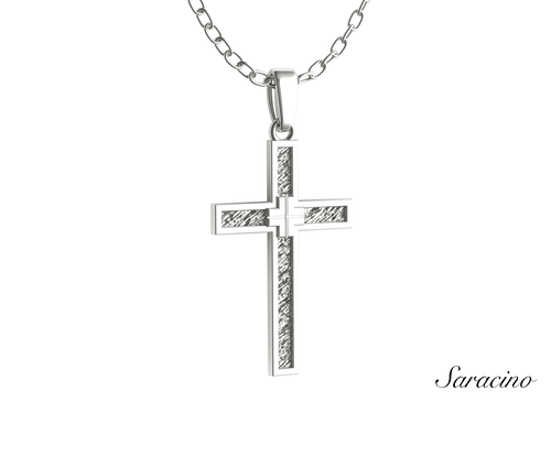 Gold Cross Pendant w Bark Center 14K White Gold