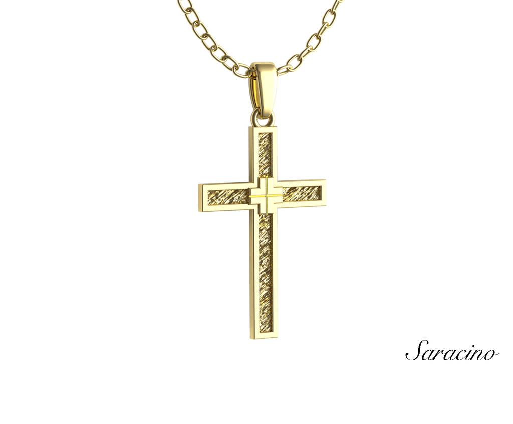 Gold Cross Pendant w Bark Center 14K Yellow Gold