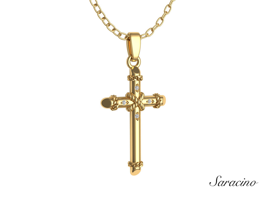 Gold Cross Pendant w Diamonds and Cuban Link Accents 14K Yellow Gold