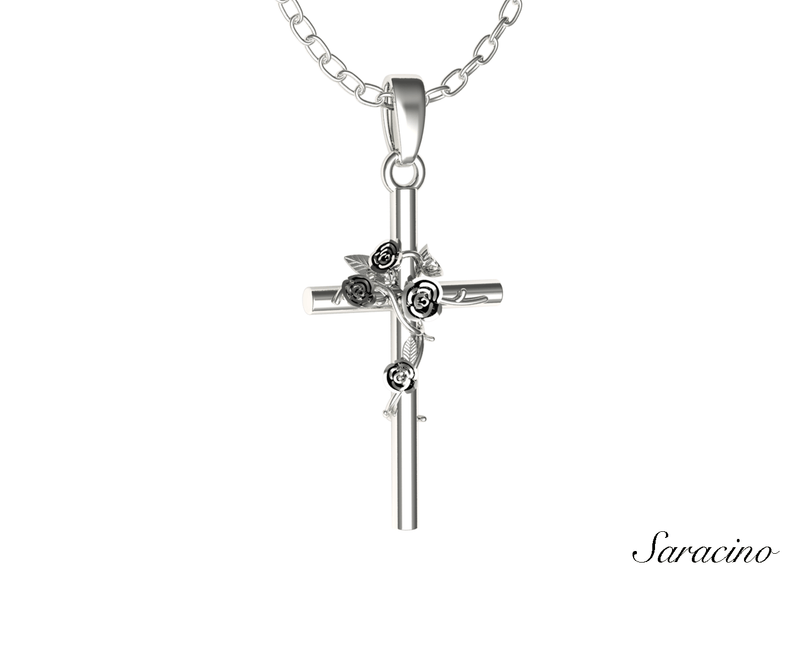 Gold Cross Pendant w Flowers 14K White Gold