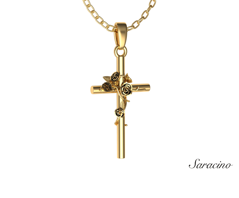 Gold Cross Pendant w Flowers 14K Yellow Gold