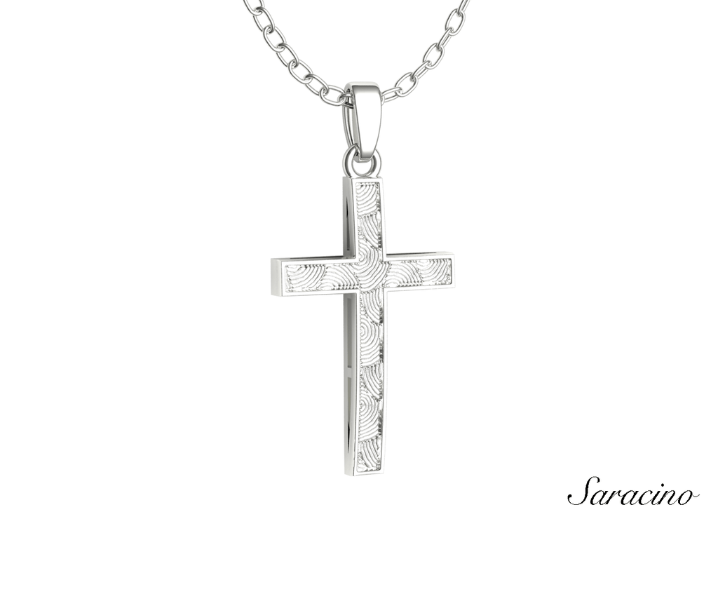 Gold Cross Pendant w Wavy Center 14K White Gold