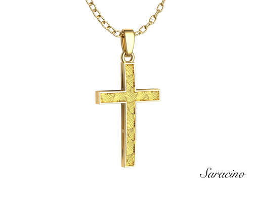 Gold Cross Pendant w Wavy Center 14K Yellow Gold