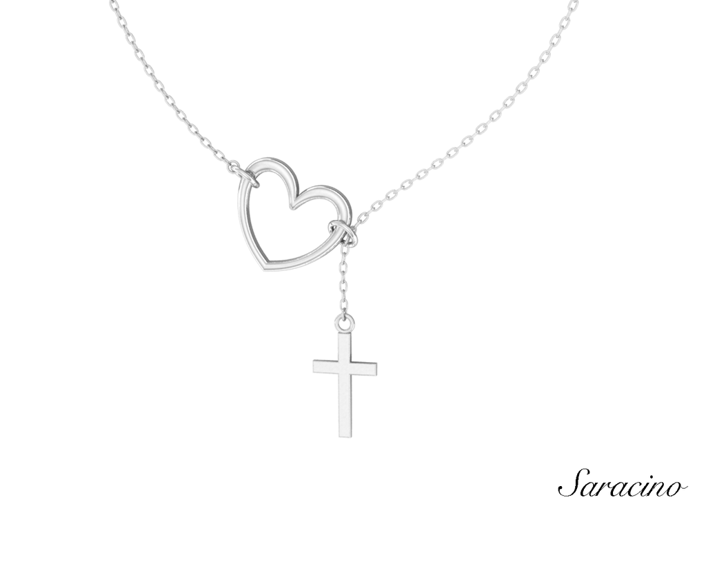 Heart Necklace w Cross Pendant in White Gold