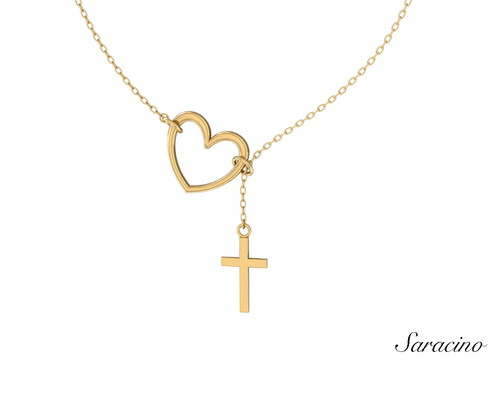 Heart Necklace w Cross Pendant in Yellow Gold