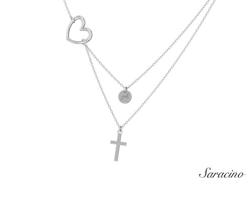 Heart Necklace w Initial + Cross Pendants in White Gold