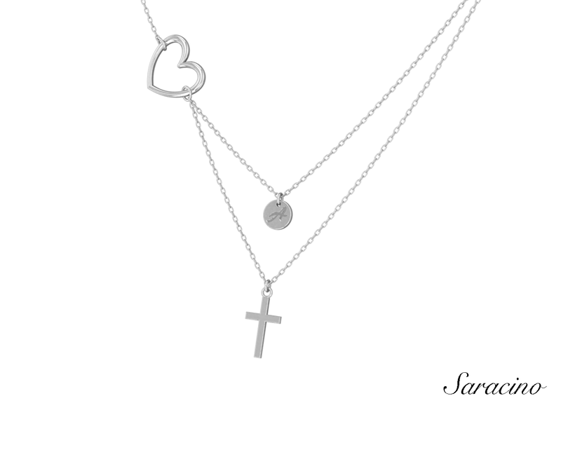 Heart Necklace w Initial + Cross Pendants in White Gold