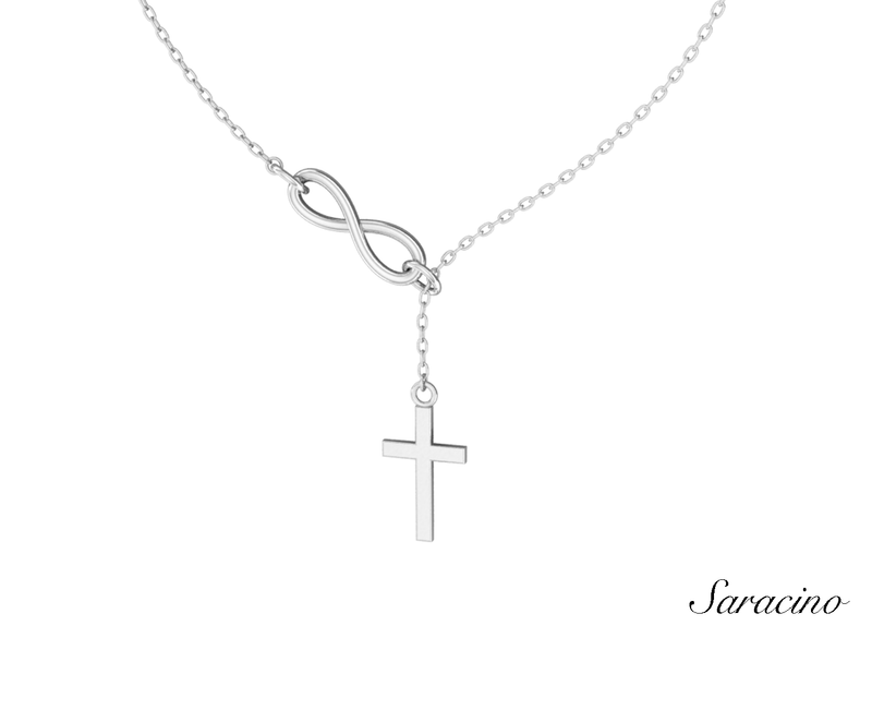 Infinity Necklace w Cross Pendant in White Gold
