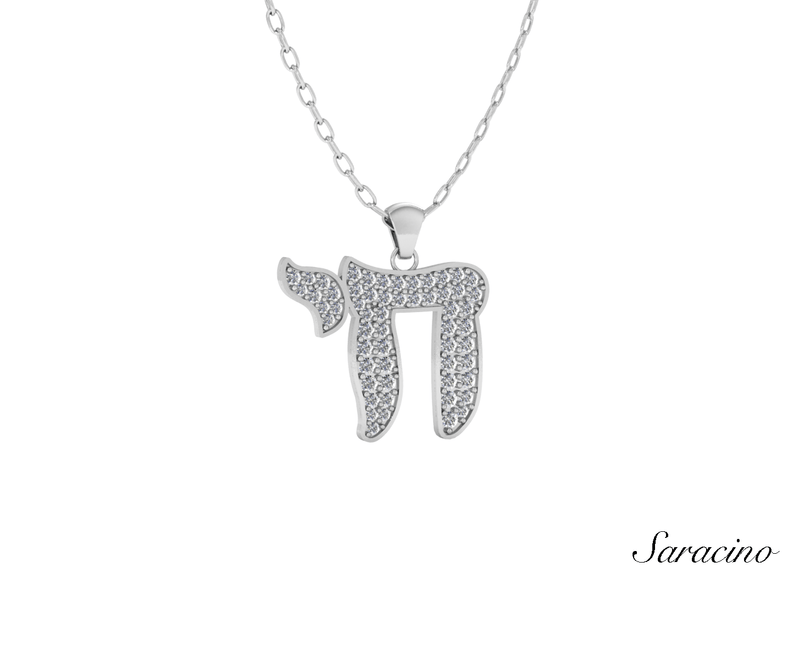 Jewish Jewelry Macro Diamond Chai Pendant White Gold