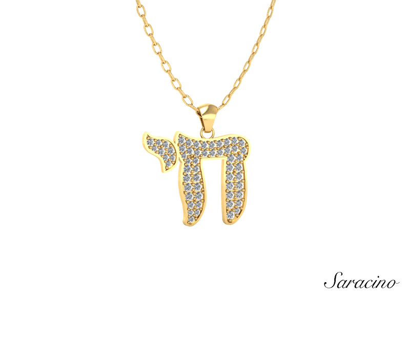 Jewish Jewelry Macro Diamond Chai Pendant Yellow Gold