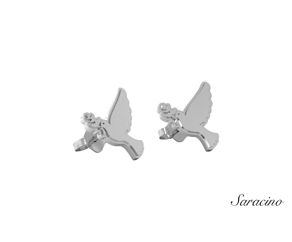 Jewish Jewelry Dove Stud Earrings - White Gold