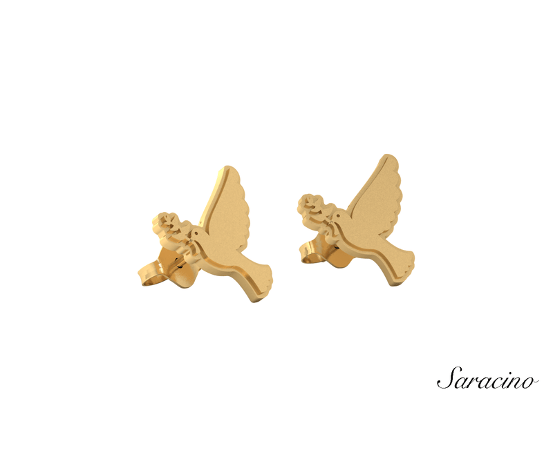 Jewish Jewelry Dove Stud Earrings - Yellow Gold
