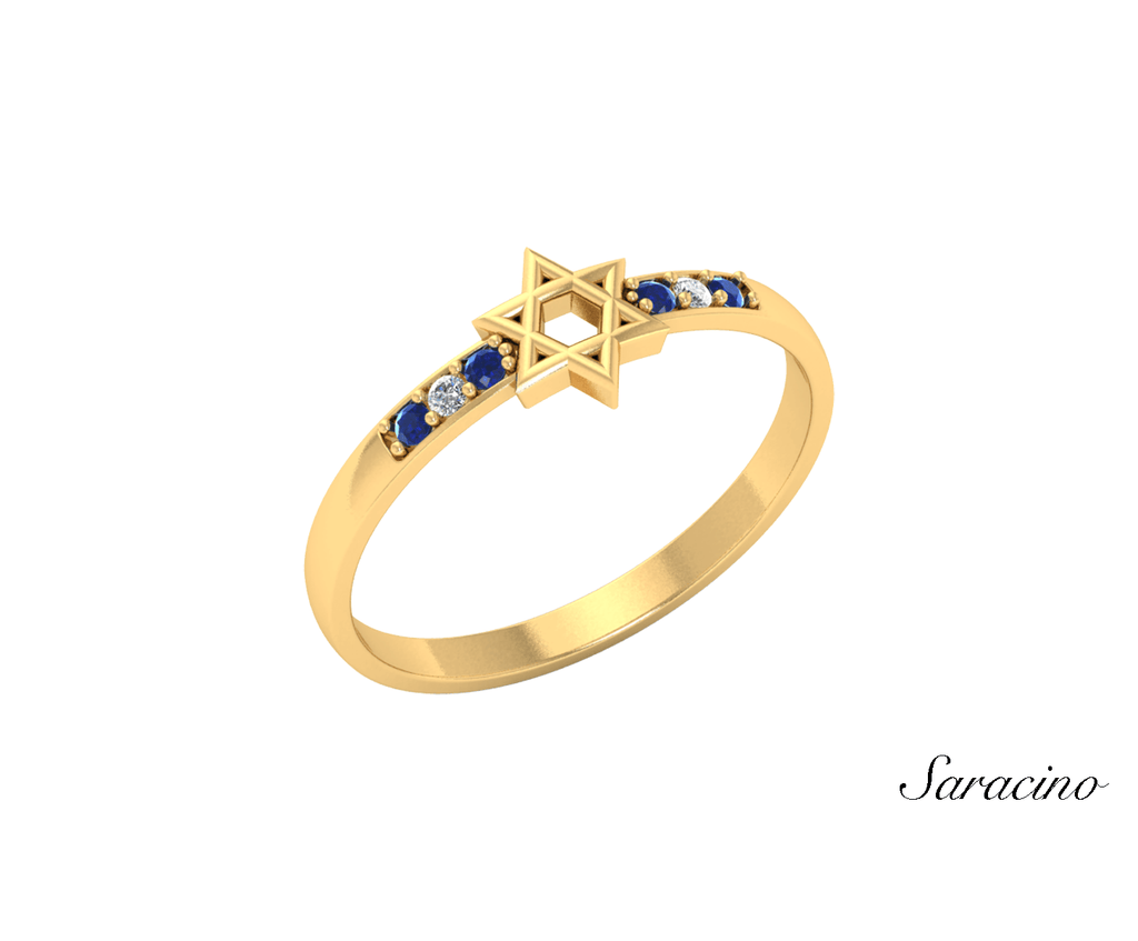 Jewish Jewelry Sapphire + Diamond Star of David Ring Yellow Gold
