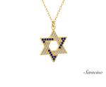 Jewish Jewelry Diamond + Sapphire Star of David Pendant Yellow Gold