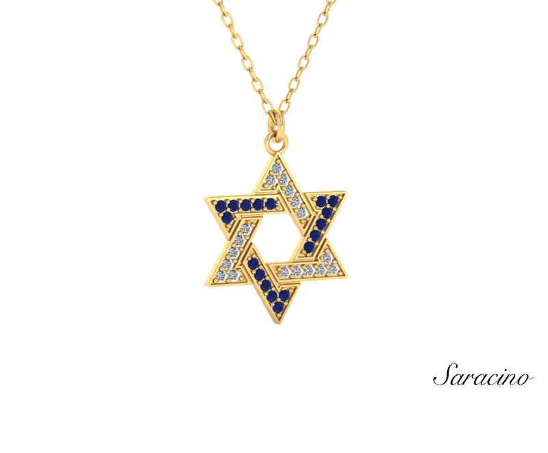 Jewish Jewelry Diamond + Sapphire Star of David Pendant Yellow Gold