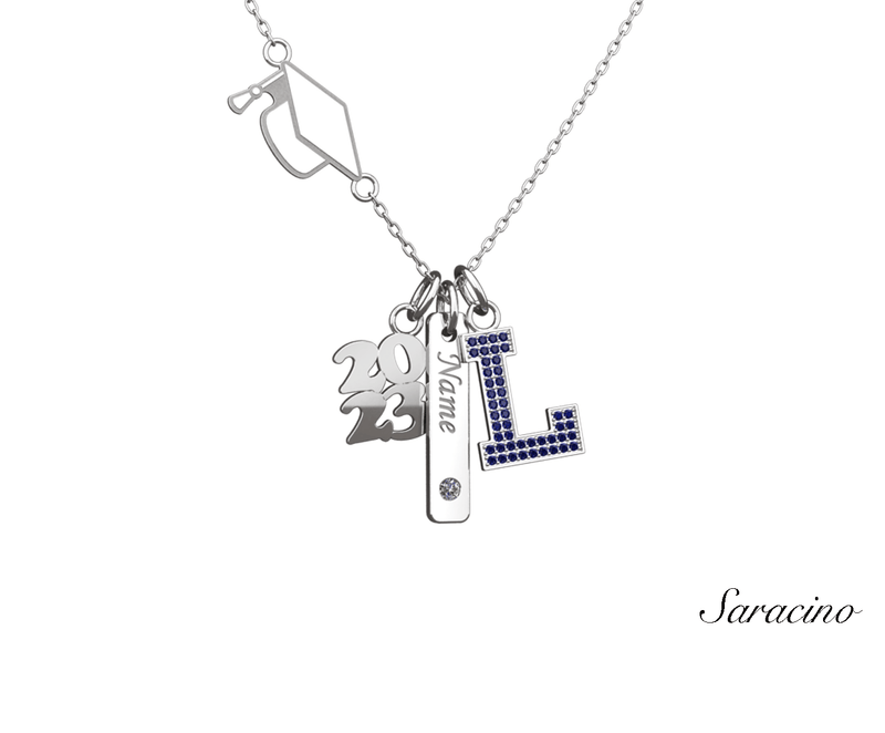 Loyola Grad Charm Necklace w Diamonds + Sapphires White Gold