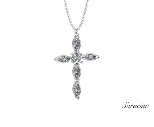 Marquise Diamond Cross Necklace w Round Center Stone