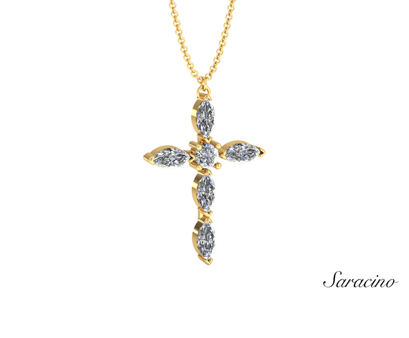 Marquise Diamond Cross Necklace w Round Center Stone
