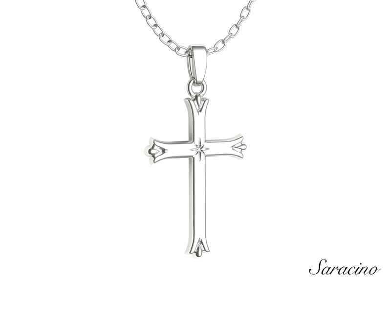 North Star Gold Cross Pendant 14K White Gold