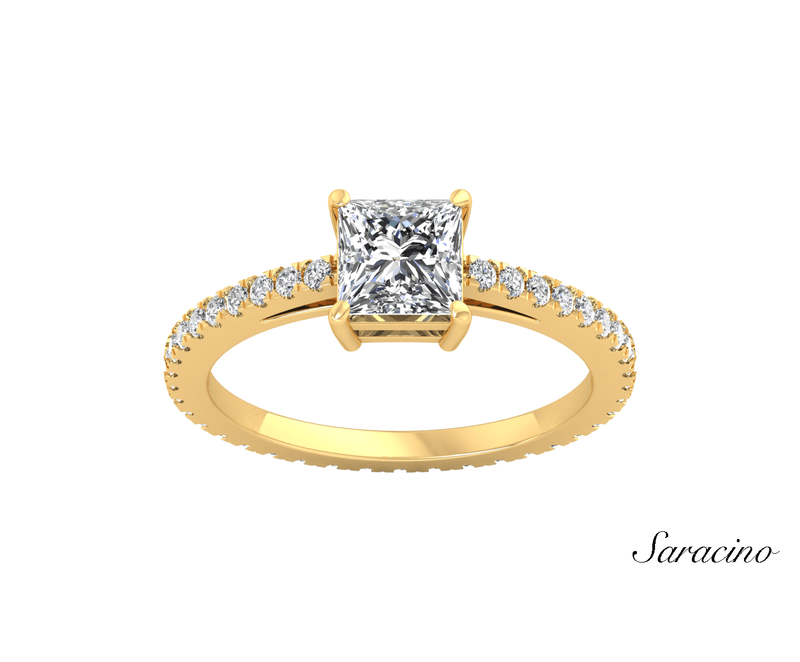 2.4ct Princess Cut Diamond Engagement Ring w Diamond Band Yellow Gold