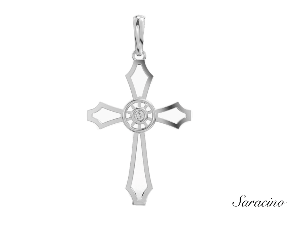 Gold Cross Pendant w 2mm Center Diamond White Gold