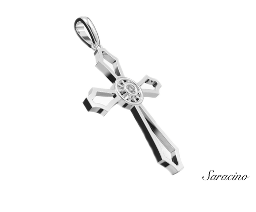 Gold Cross Pendant w 2mm Center Diamond White Gold