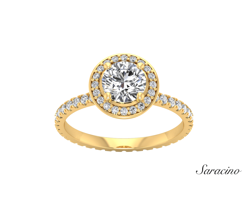 2.4ct Round Diamond Engagement Ring w Halo & Full Diamond Band Yellow Gold