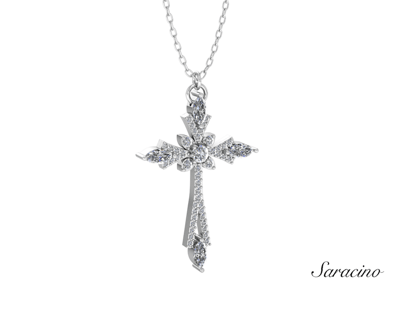 Royalty Diamond Cross Necklace w Round & Marquise Diamonds White Gold