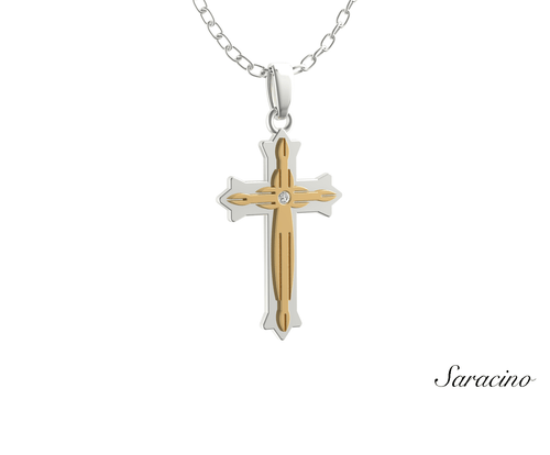 Two Tone Classic Cross Pendant w Diamond Center 14K White Gold